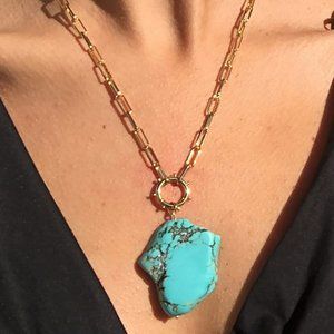 Gold Plated Turquoise Pendant Necklace with Paperclip Chain Carabiner